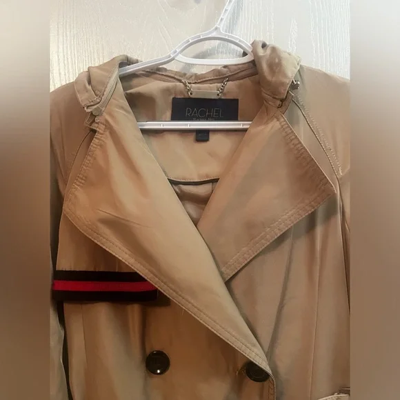 NWOT Rachel Roy Grosgrain Trim Tan Trench Coat Red/Black Ribbon Accents Sz Small - Picture 5 of 8